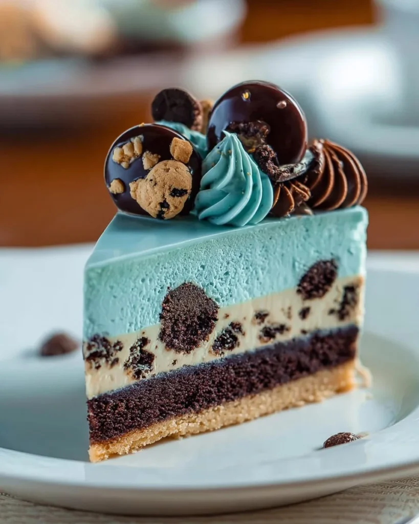 A slice of Cookie Monster Cheesecake topped with cookies and blue frosting.