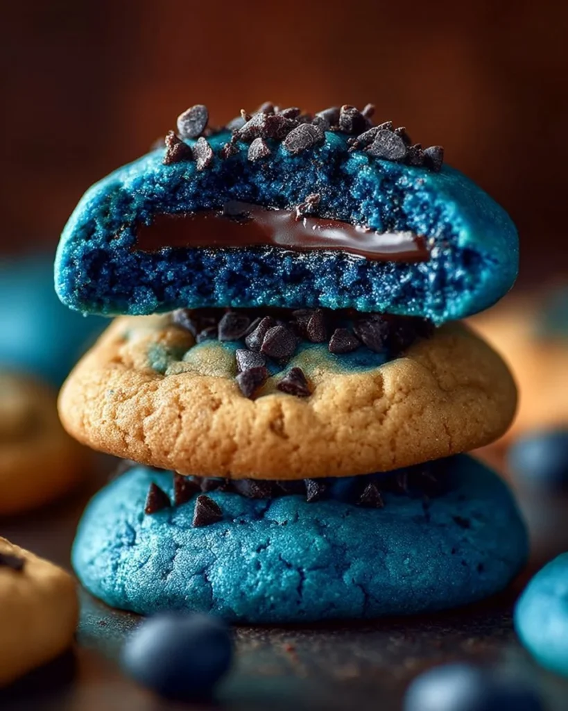 Plate of colorful Cookie Monster Cookies with blue frosting and chocolate chips.