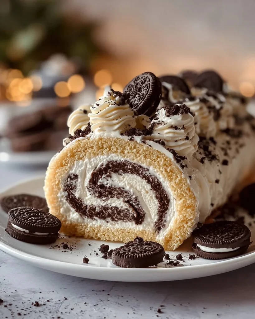 Delicious Cookies and Cream Cake Roll topped with crushed cookies and cream frosting