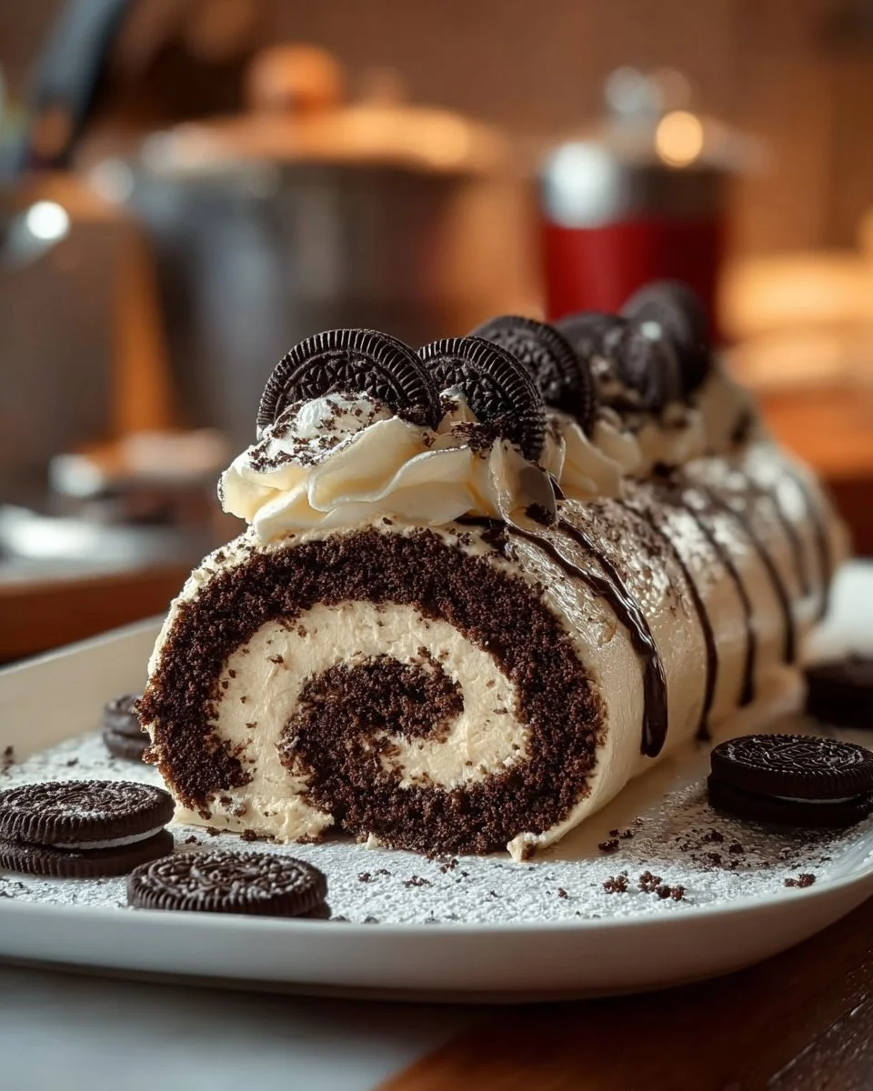 Delicious Cookies and Cream Cake Roll with whipped cream and cookie crumbles