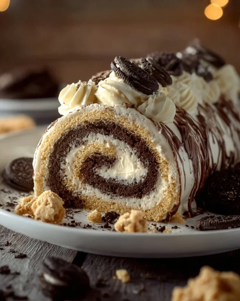 Delicious homemade Cookies and Cream Cake Roll on a serving plate