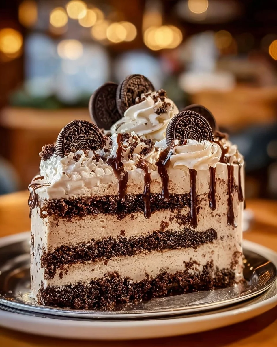 Delicious Cookies and Cream Cheesecake Tower with chocolate cookie crust and creamy layers.