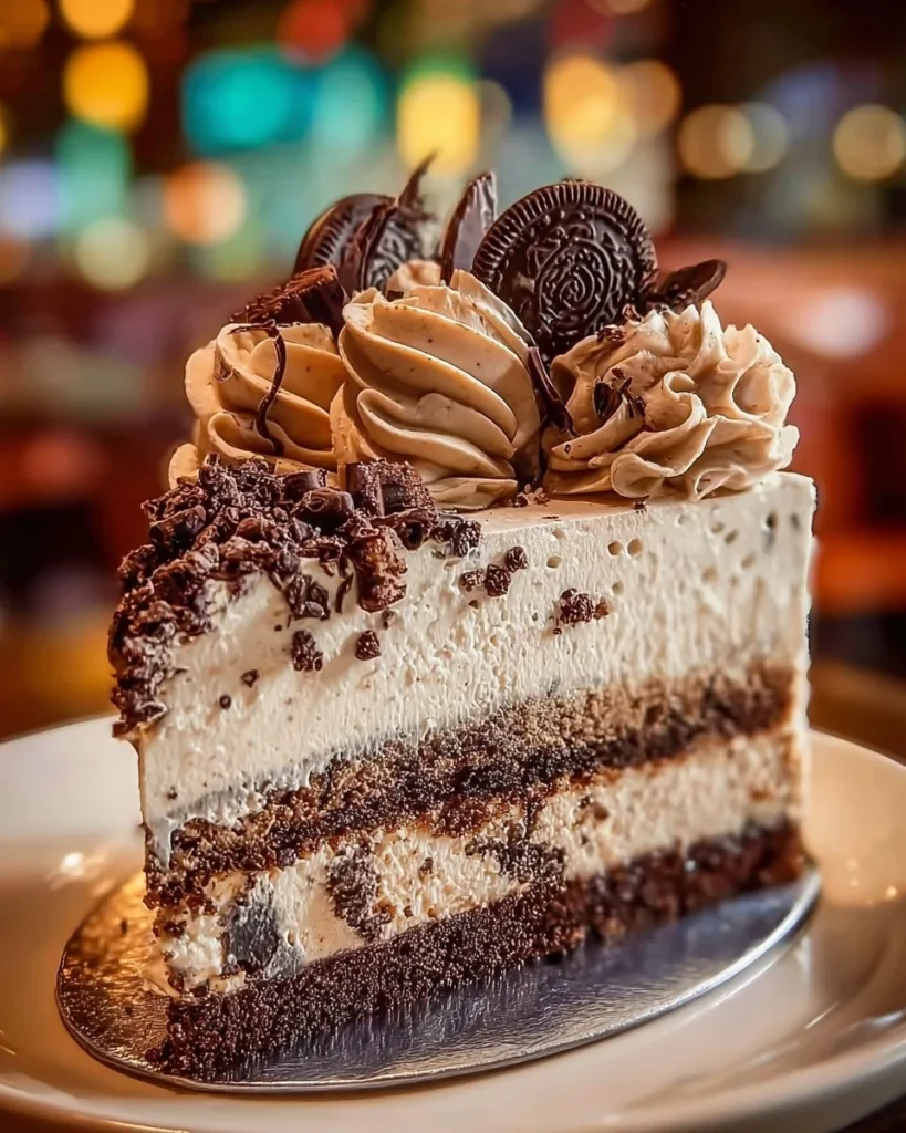 Delicious Cookies and Cream Cheesecake Tower displayed on a dessert table