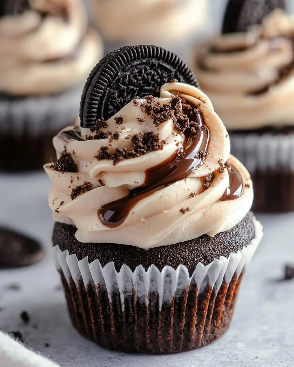 Delicious homemade Cookies and Cream Cupcakes topped with cookie crumbles.