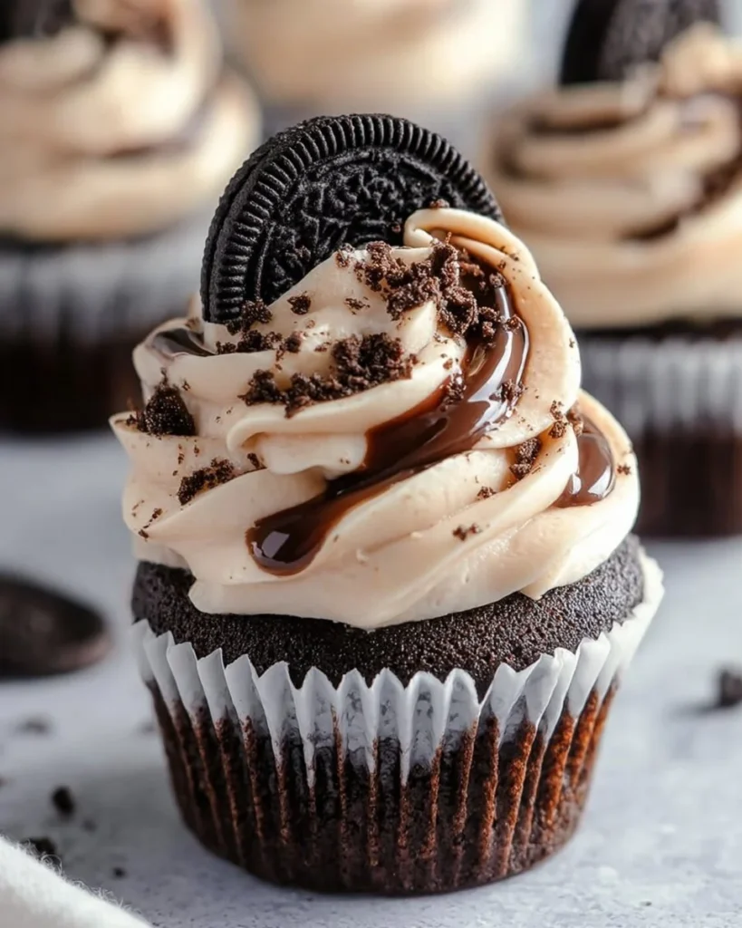 Delicious Cookies and Cream Cupcakes with chocolate and cream frosting.