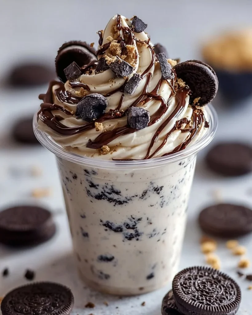 Delicious Cookies & Cream Frappuccino topped with whipped cream and cookie crumbs.