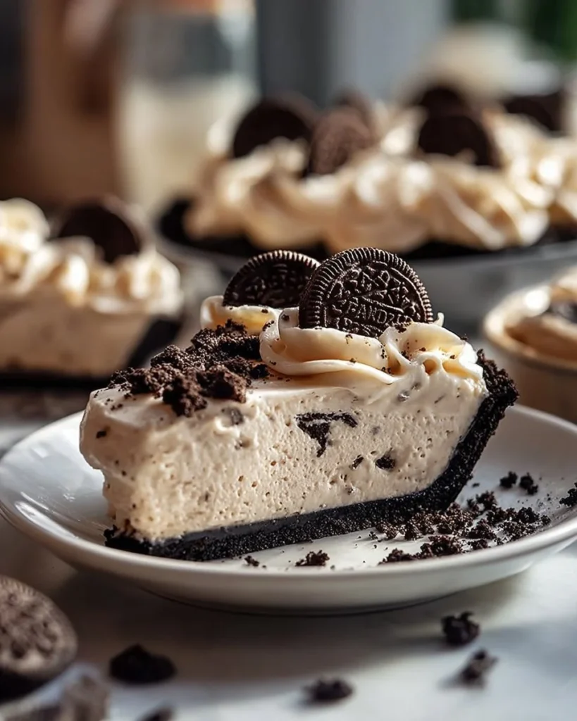Delicious Cookies & Cream Pie made with Oreo cookies, perfect dessert treat.