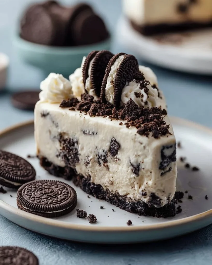 Delicious Cookies and Cream Pie topped with crushed Oreo cookies