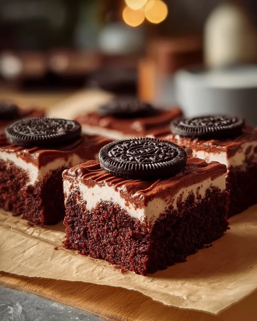 Cookies and cream red velvet brownies topped with cream and chocolate crumbs