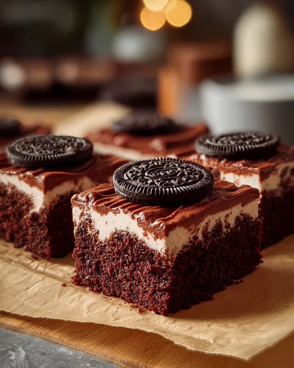 Cookies and cream red velvet brownies topped with cream and chocolate crumbs