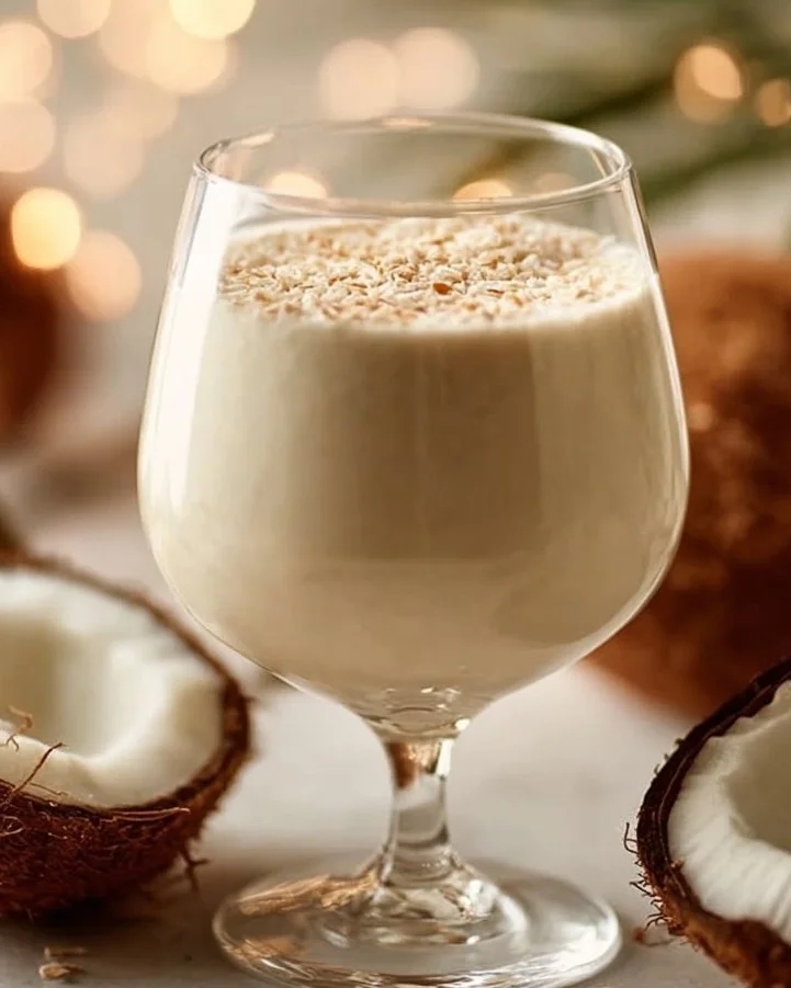 A glass of Coquito, Puerto Rican coconut eggnog with a sprinkle of cinnamon