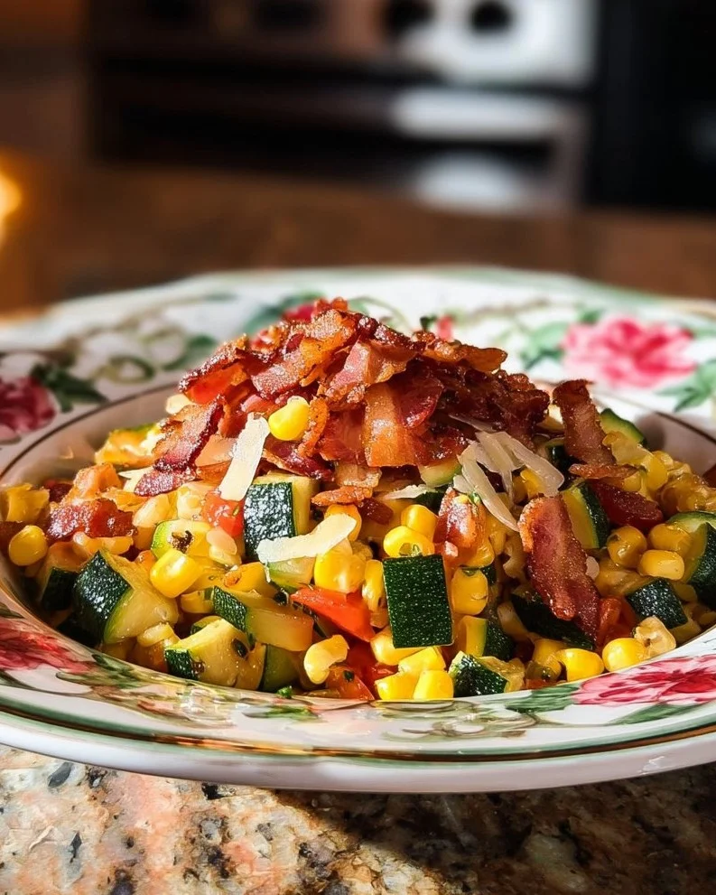 Corn & Zucchini Melody topped with crispy bacon in a vibrant dish