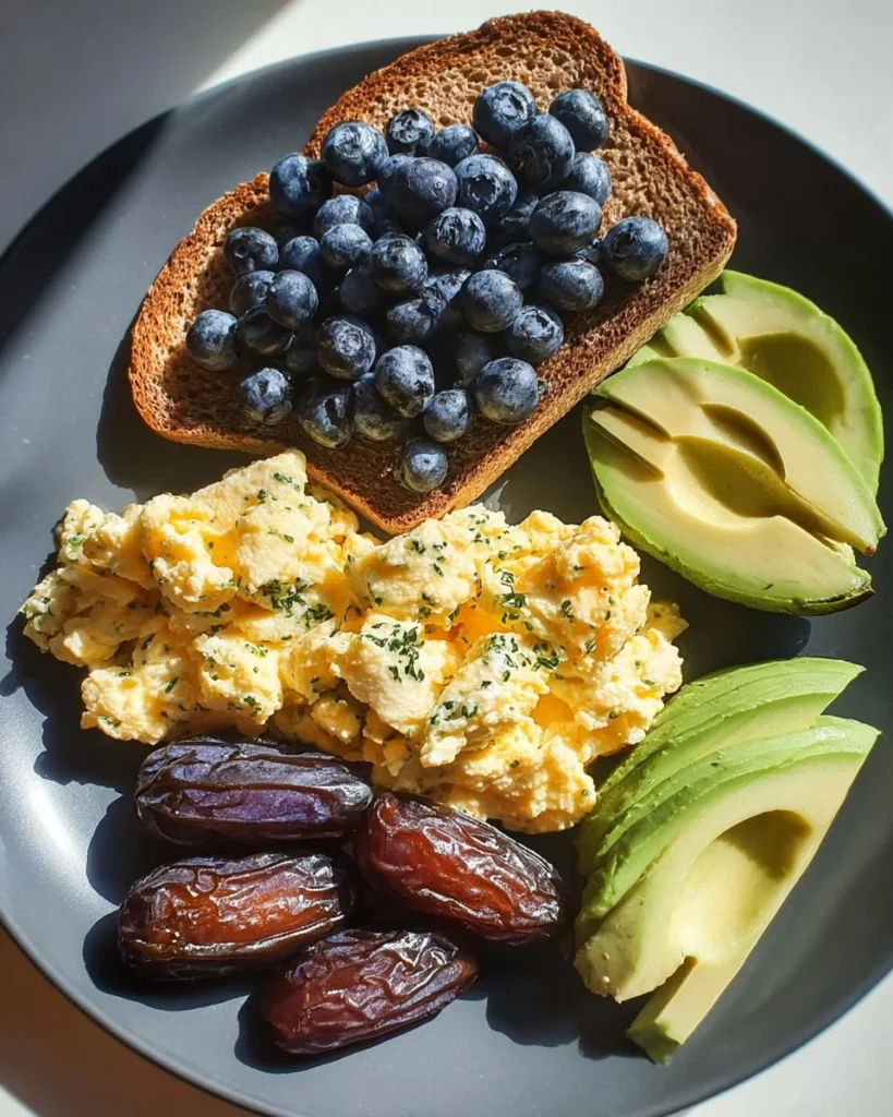 Cottage cheese and blueberry breakfast plate with fresh fruit and nuts