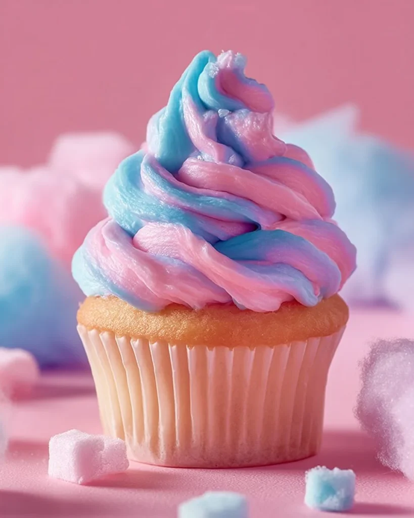 Delicious cotton candy cupcakes topped with fluffy cotton candy swirls and sprinkles