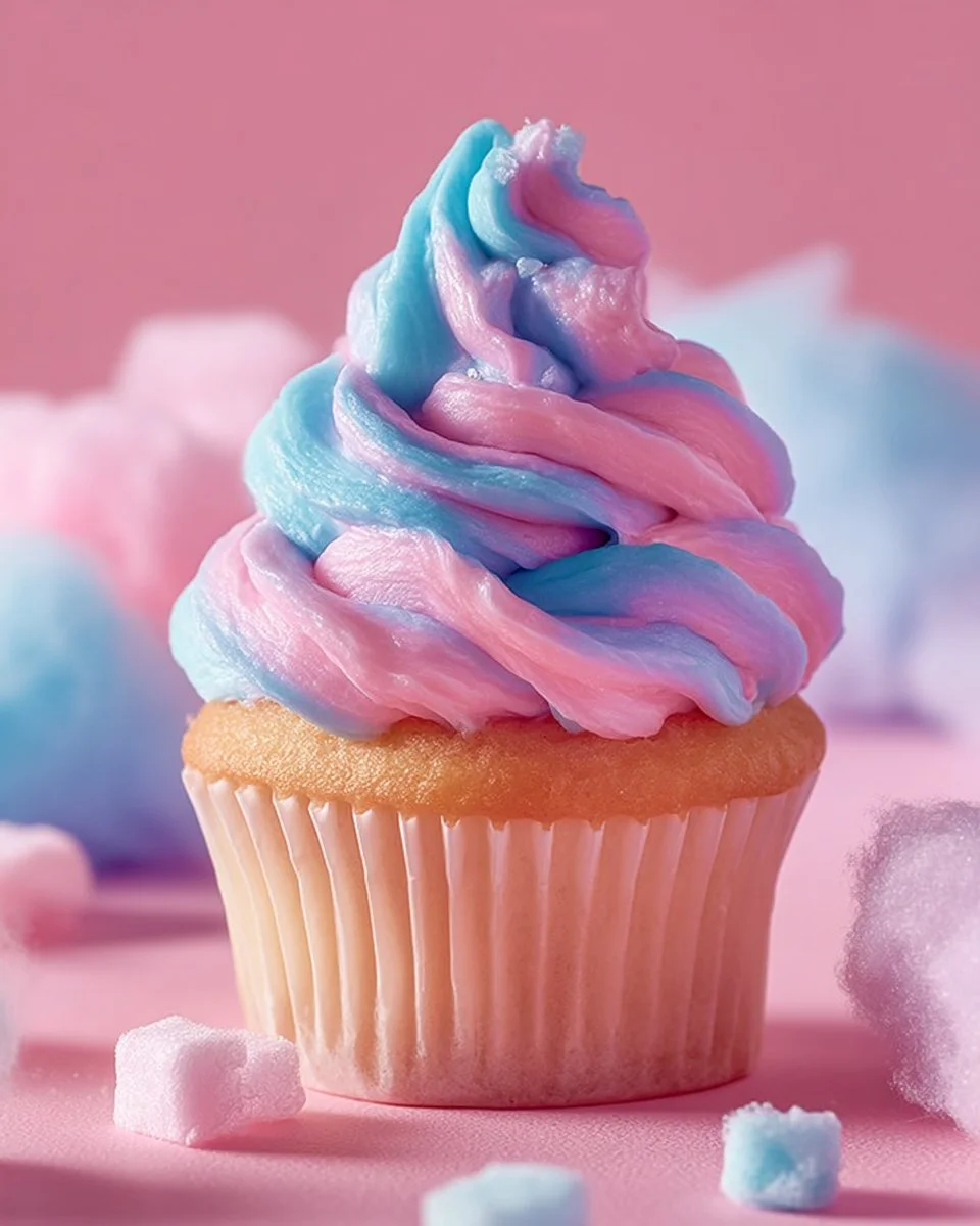 Delicious cotton candy cupcakes topped with fluffy cotton candy swirls and sprinkles