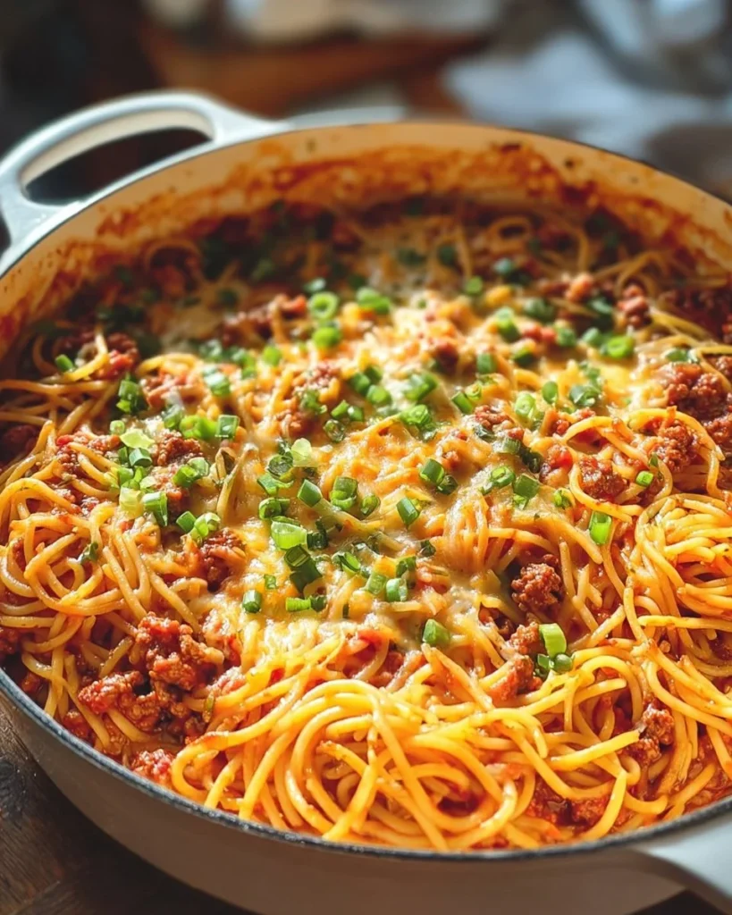 Delicious Cowboy Spaghetti served in a rustic bowl with herbs and spices