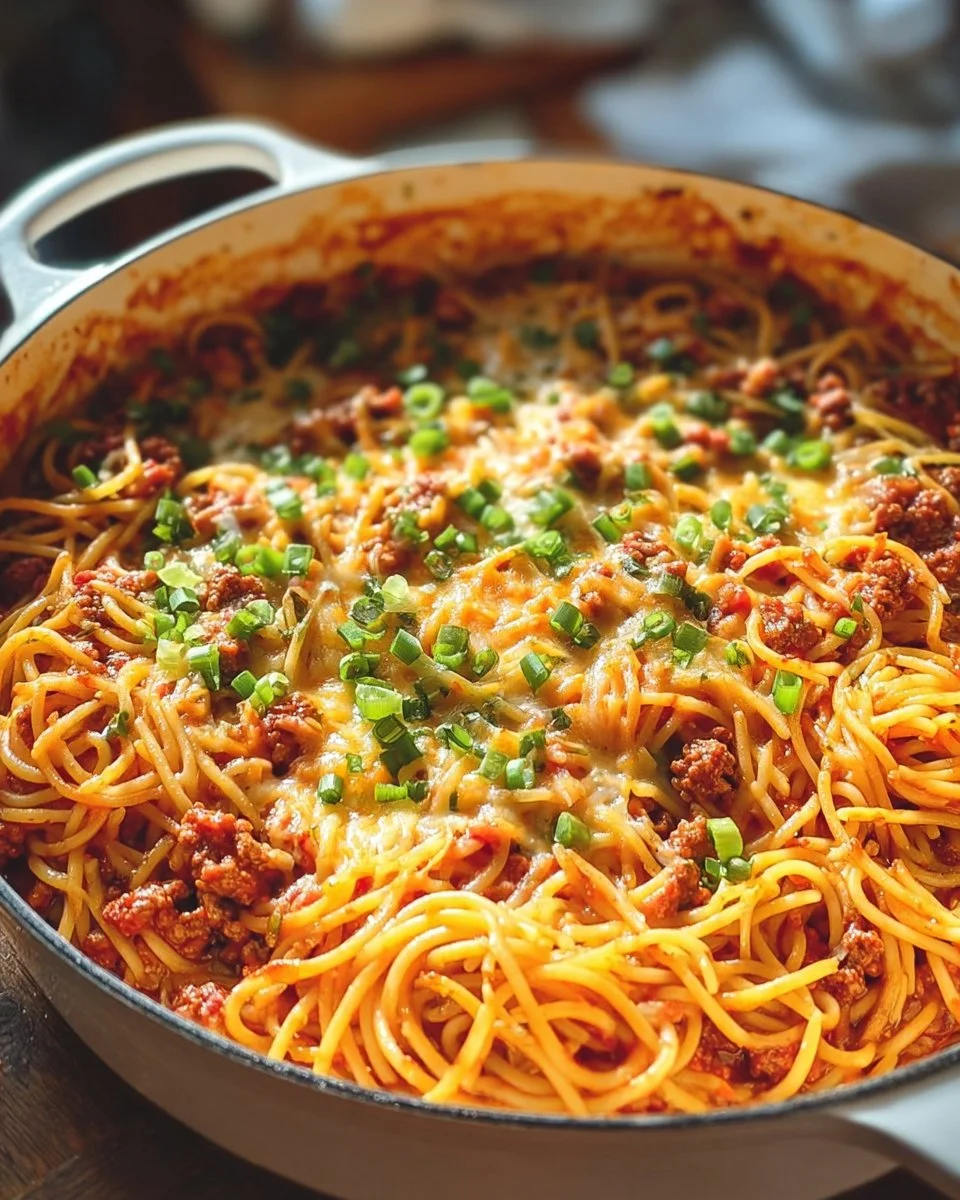 Delicious Cowboy Spaghetti served in a rustic bowl with herbs and spices
