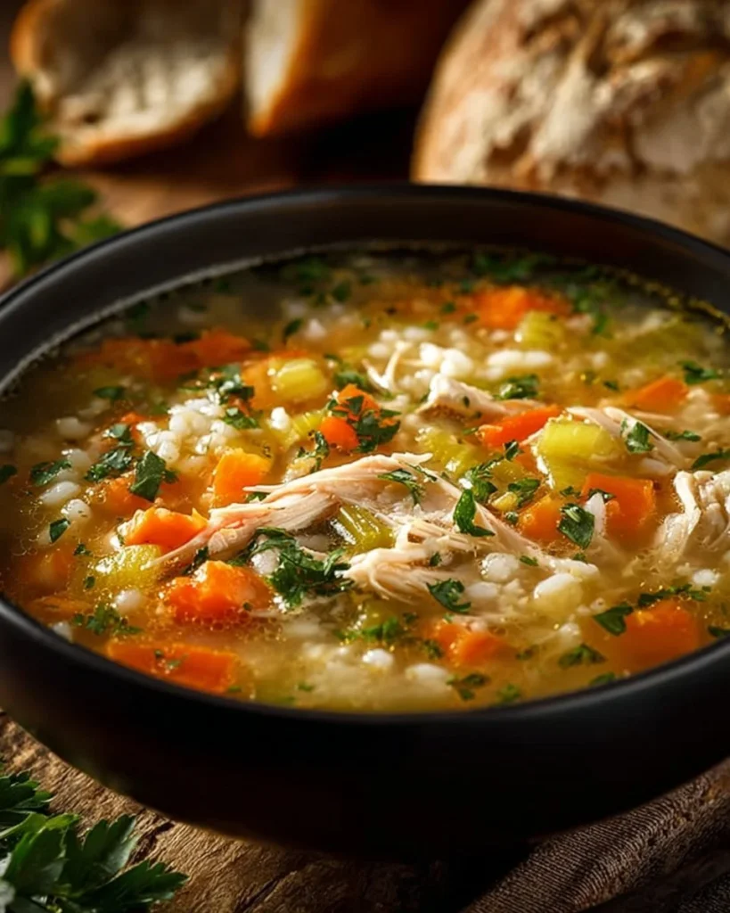 Bowl of cozy chicken rice soup with herbs and vegetables