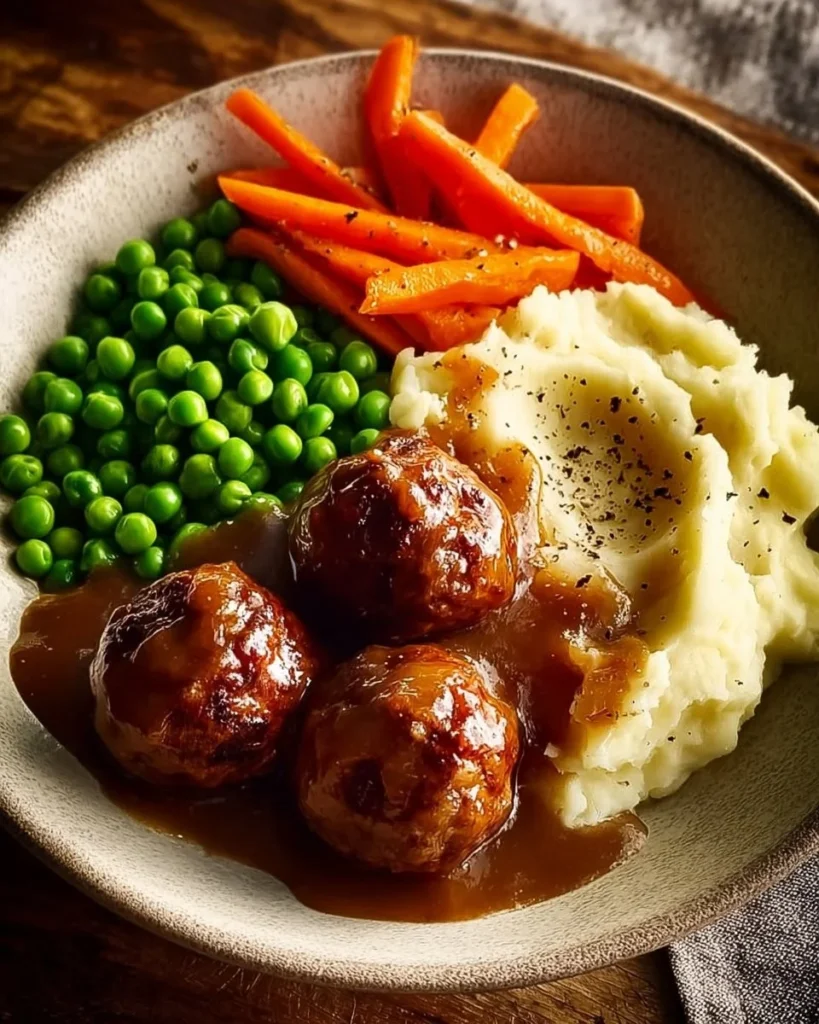 Cozy meatball dinner bowl topped with rich tomato sauce and herbs.