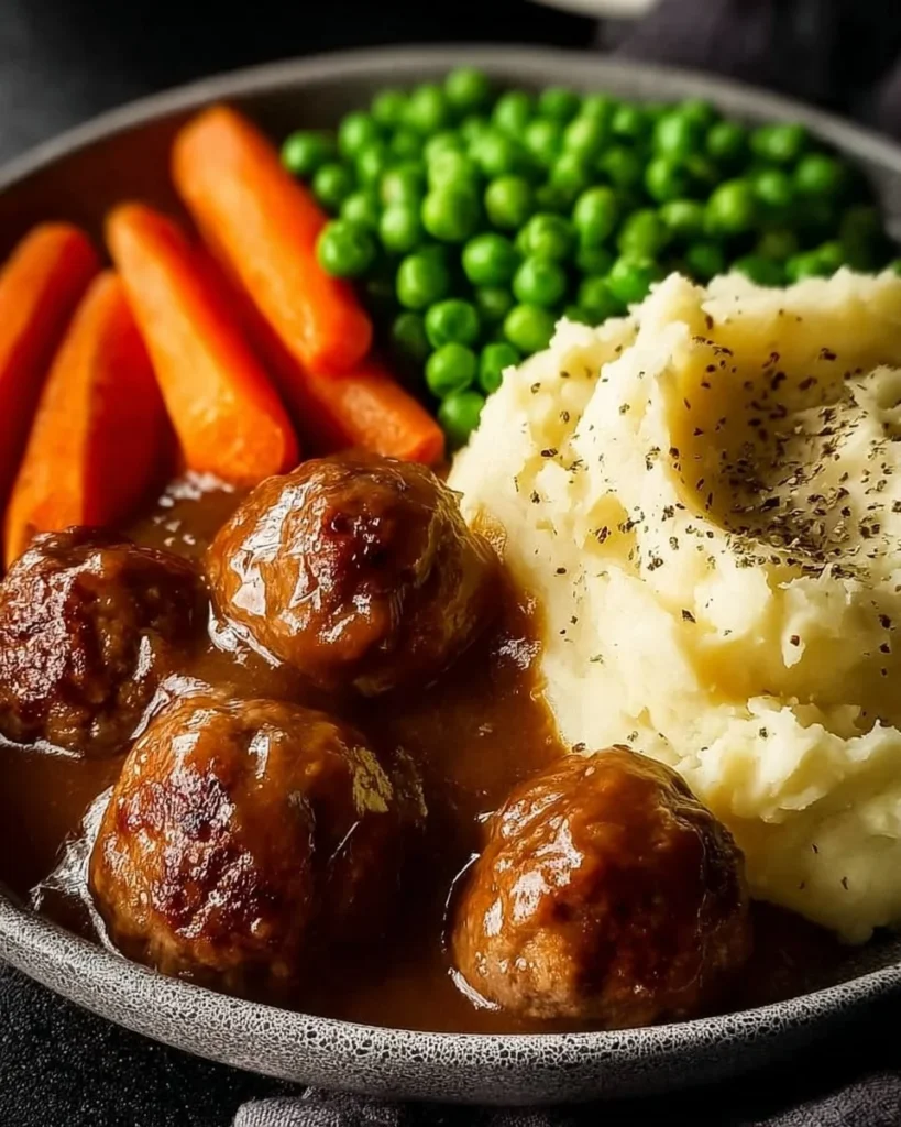 Cozy meatball and mash bowl served with savory gravy and fresh herbs.