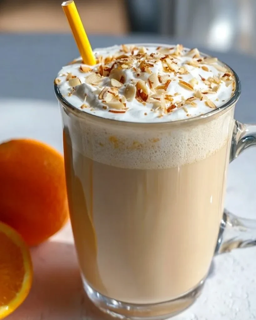 Cozy white chocolate orange almond latte with whipped cream and orange zest garnish
