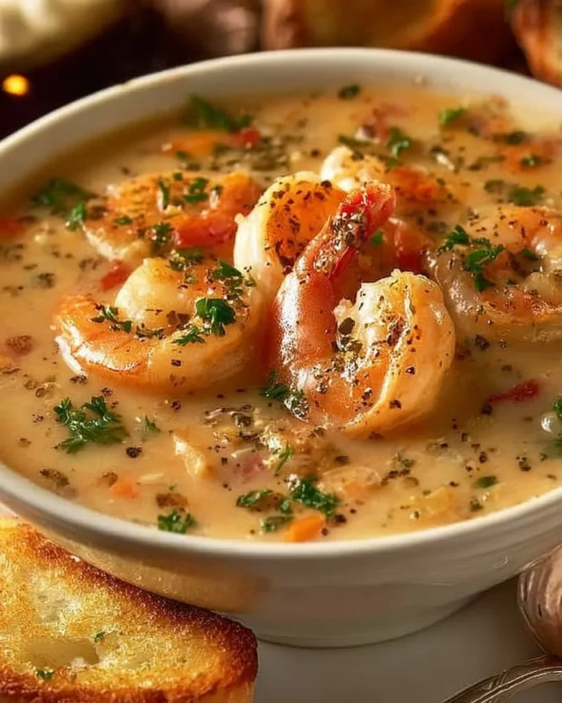 Bowl of crab and shrimp seafood bisque garnished with herbs