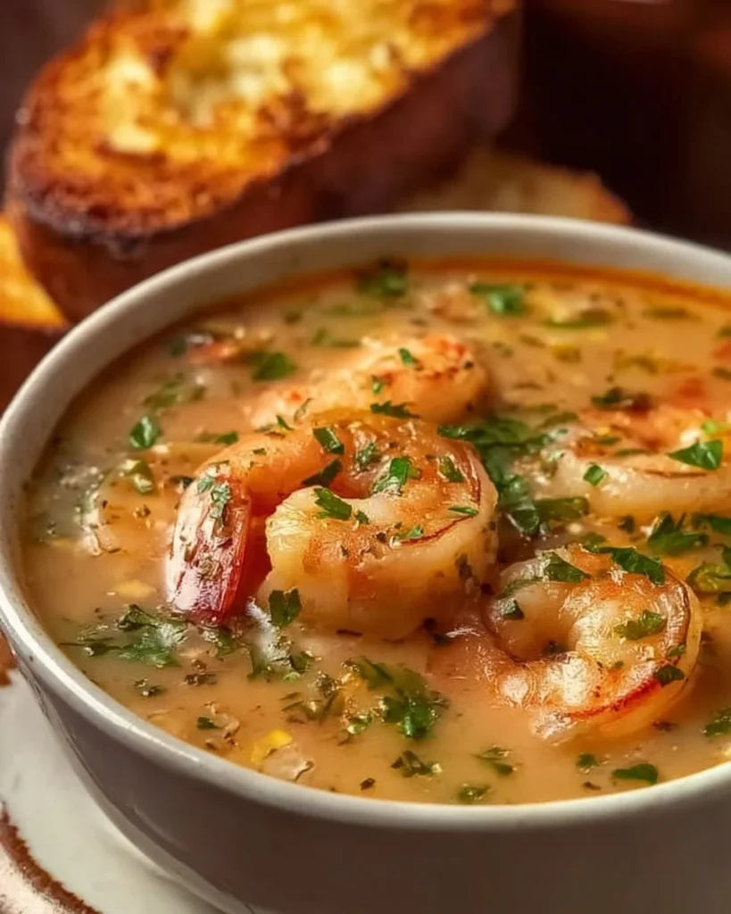 Crab and shrimp seafood bisque in a bowl with herbs on top, garnished elegantly.