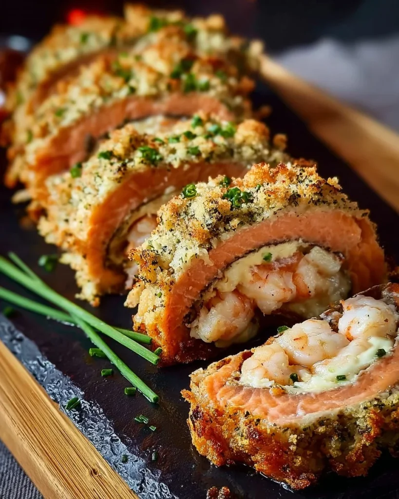 Crab and shrimp stuffed salmon served on a plate with garnishes.