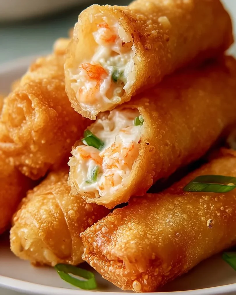 Delicious Crab Rangoon Egg Rolls filled with creamy crab mixture and served crispy.