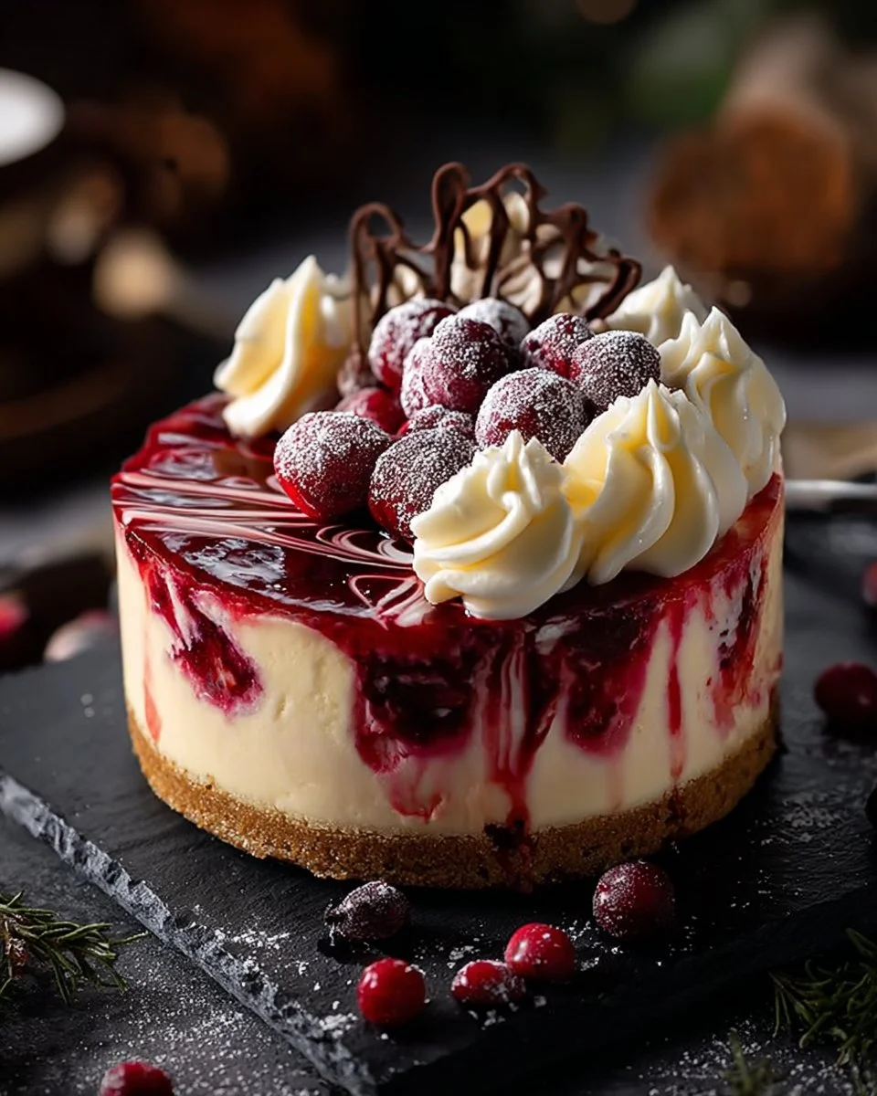 Cranberry and White Chocolate Cheesecake slice on a plate