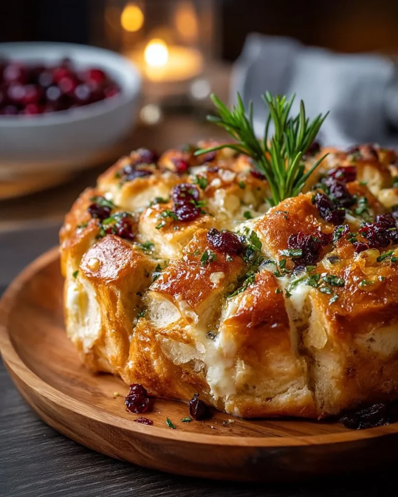 Cranberry Brie Sourdough Pull-Apart Bread served on a wooden board