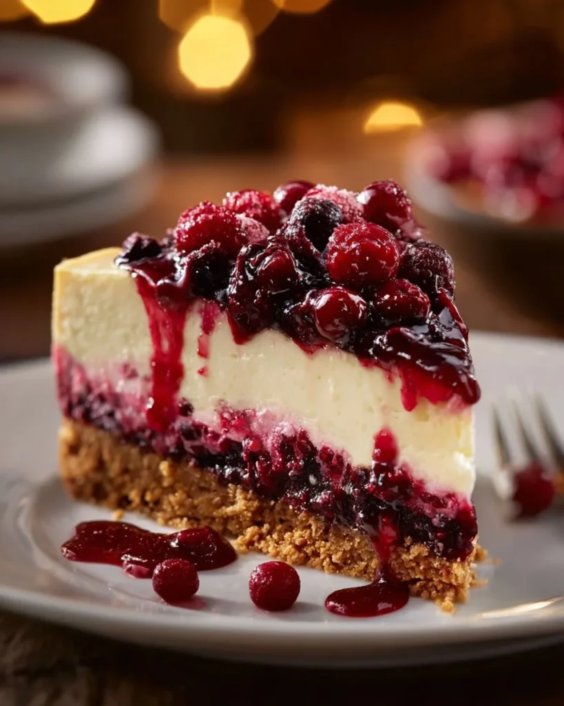 Delicious Cranberry Cheesecake Pie with a rich cream cheese filling and cranberry topping.