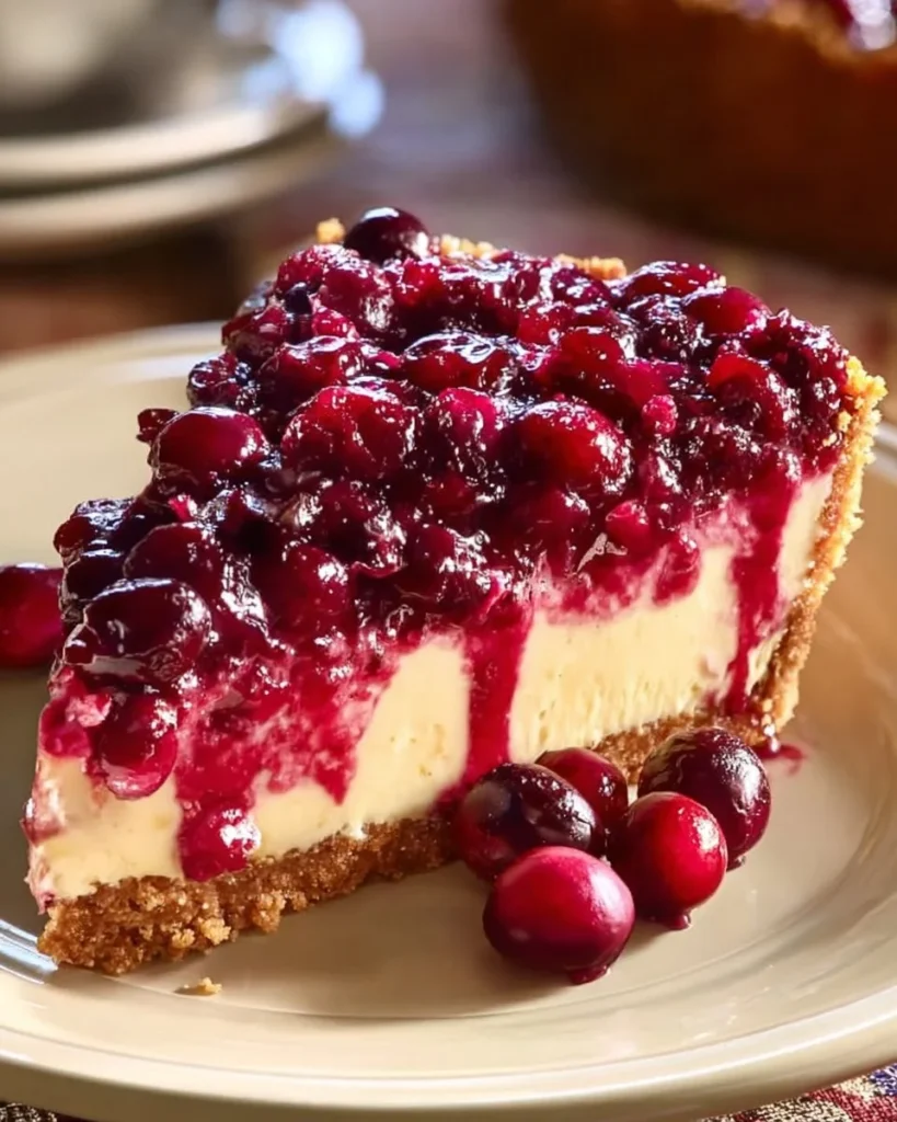 Delicious cranberry cheesecake pie on a white plate with festive decorations.
