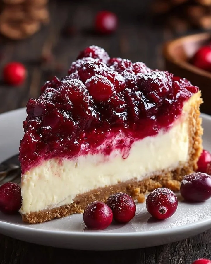 Delicious cranberry cheesecake pie topped with fresh cranberries and cream.