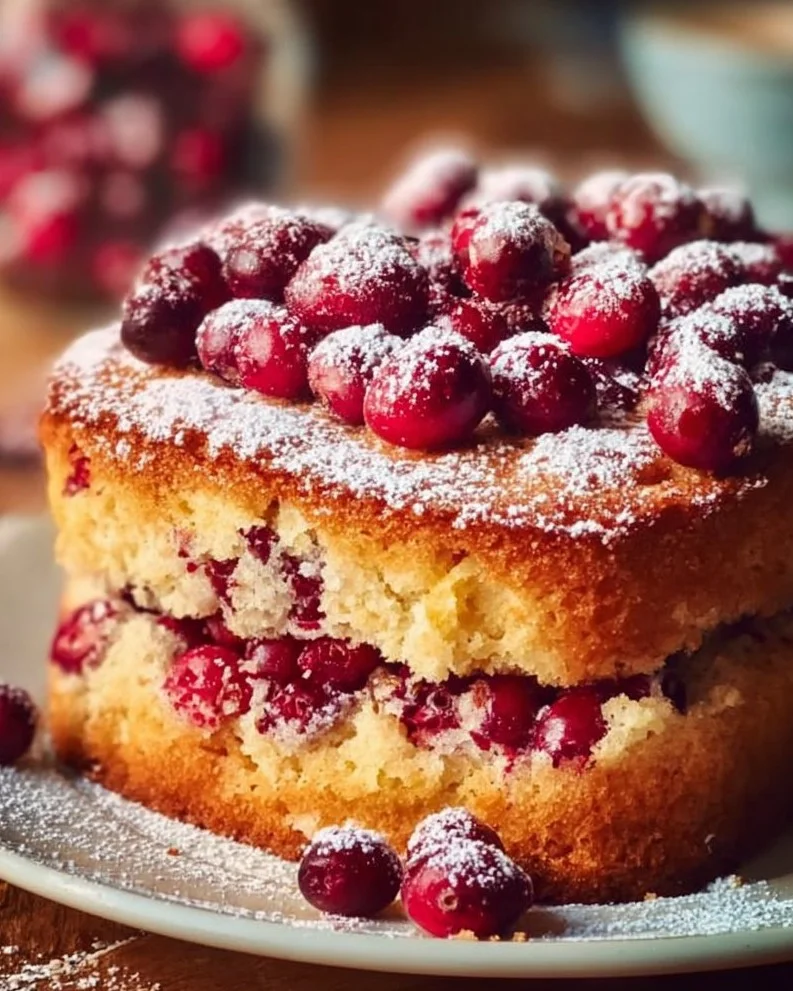 Delicious and festive Cranberry Christmas Cake decorated for the holidays
