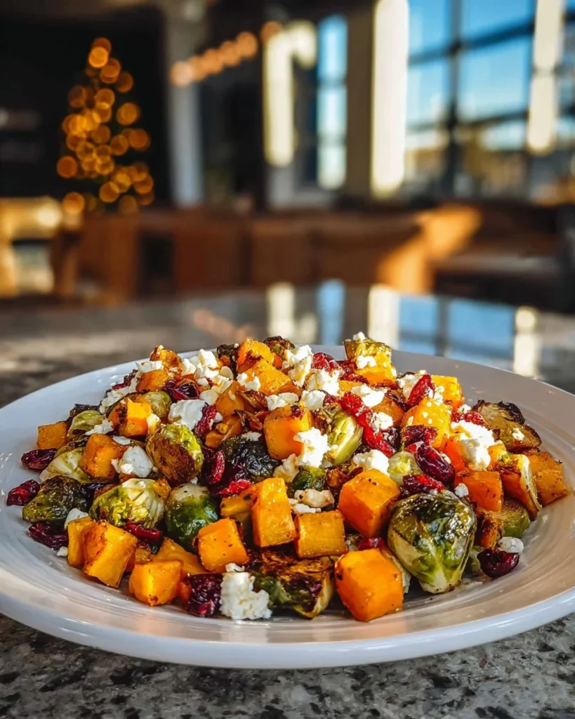 Cranberry-glazed roasted butternut squash salad with Brussels sprouts and goat cheese
