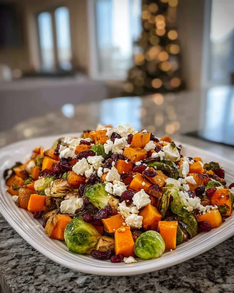 Cranberry-glazed roasted butternut squash salad with Brussels sprouts and sweet potatoes