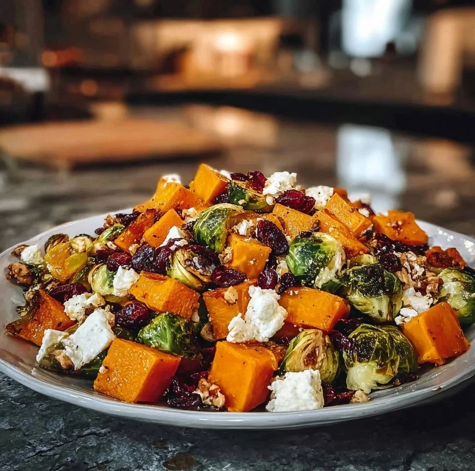 Cranberry-Glazed Salad with roasted butternut squash, Brussels sprouts, and sweet potatoes