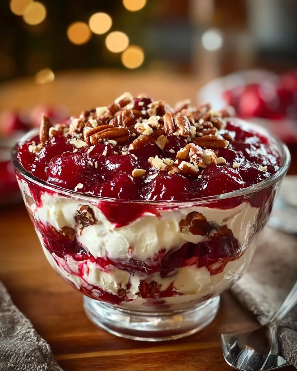 Cranberry Jello Salad topped with Cream Cheese, displayed on a festive table setting.