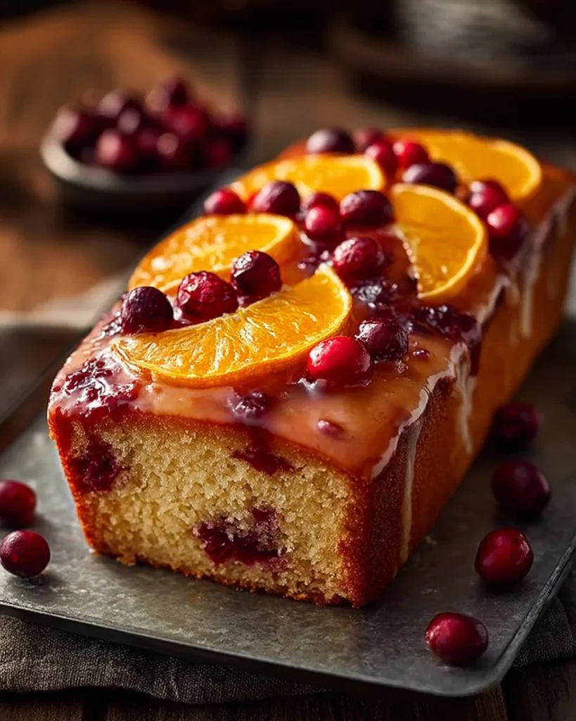 Sliced Cranberry Orange Loaf Cake on a plate with cranberries and orange slices