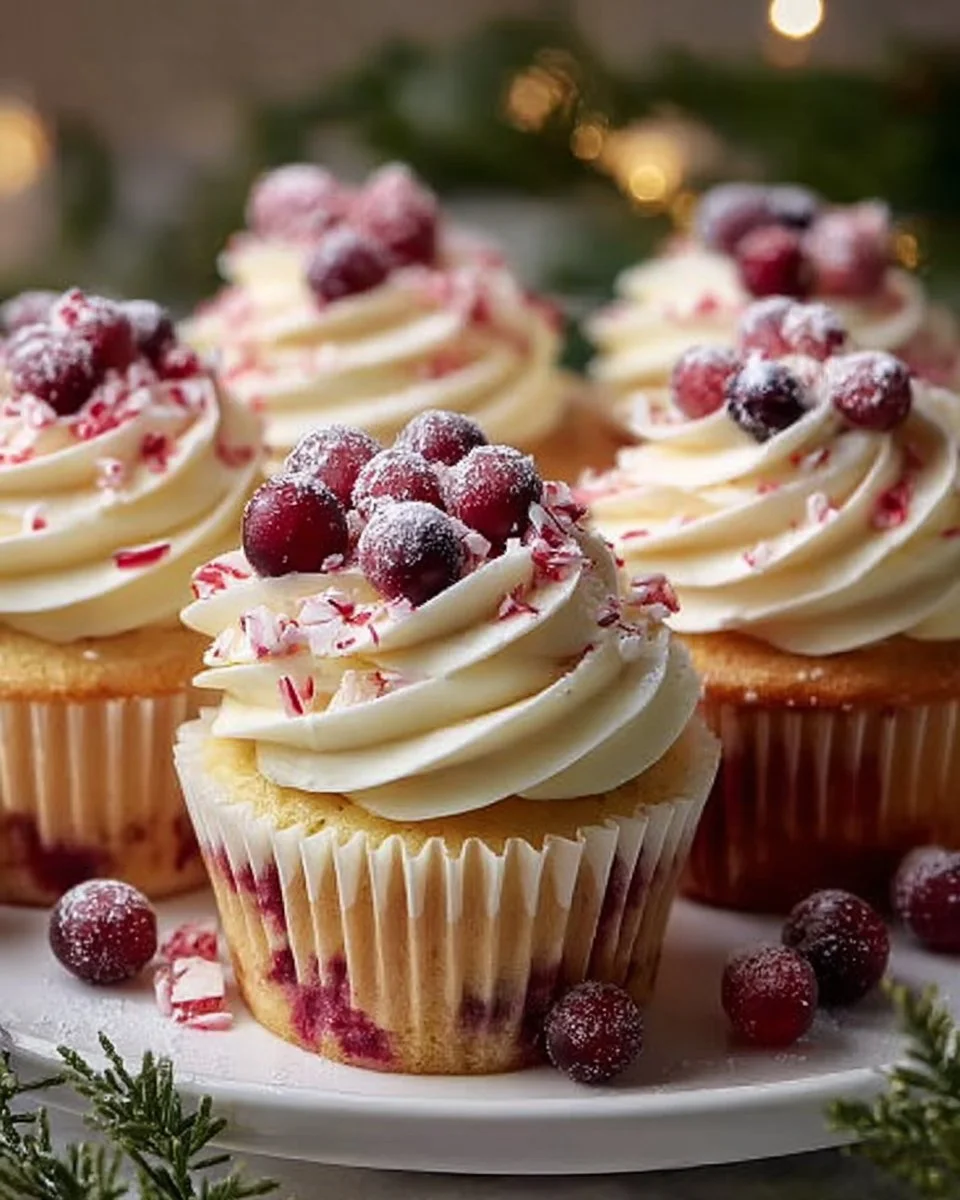 Cranberry Orange White Chocolate Cupcakes topped with frosting