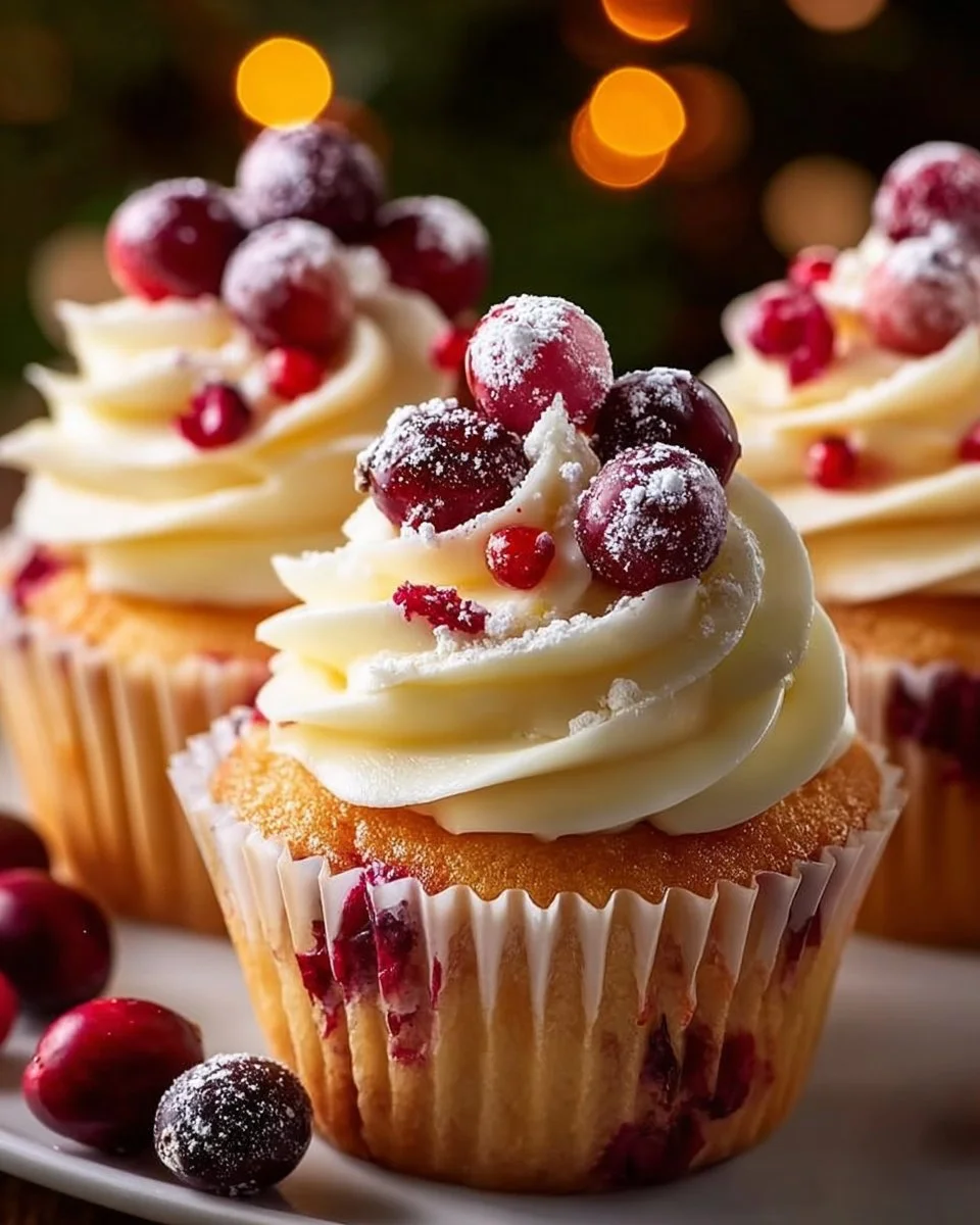 Cranberry orange cupcakes topped with white chocolate frosting