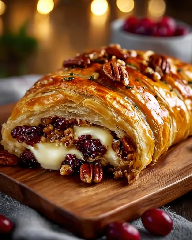 Cranberry-Pecan Baked Brie wrapped in flaky pastry ready to serve