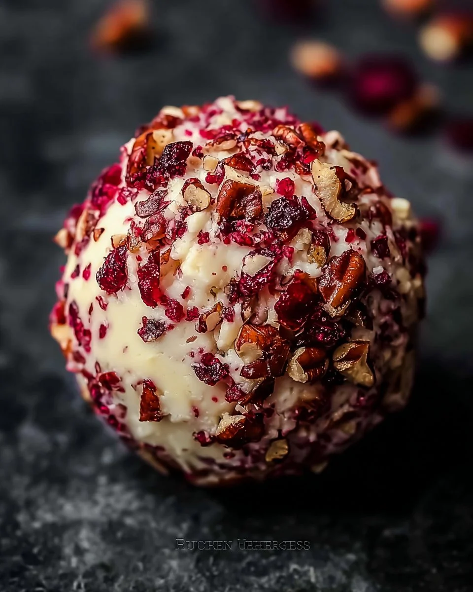 Cranberry Pecan Cheese Ball garnished with nuts and cranberries