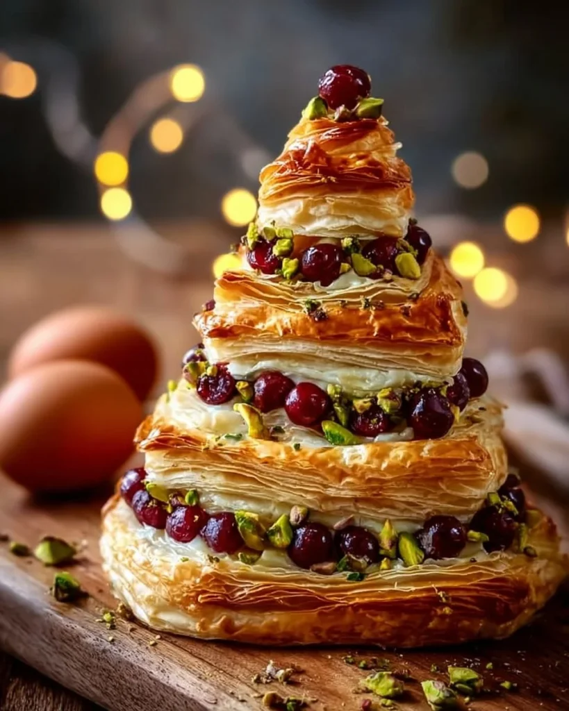 Cranberry and pistachio Brie puff pastry styled as a Christmas tree