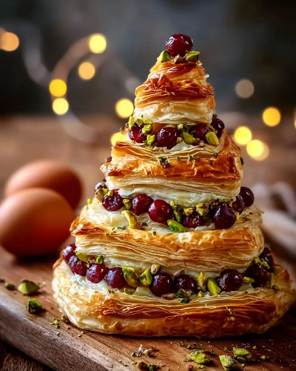 Cranberry and pistachio Brie puff pastry styled as a Christmas tree