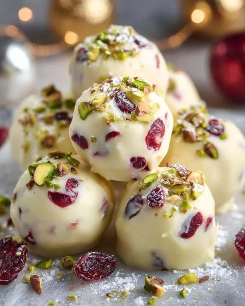 Delicious cranberry pistachio white chocolate truffles on a decorative plate