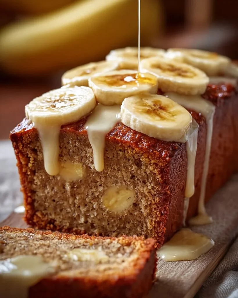 Sliced cream cheese banana bread on a wooden cutting board, showcasing its moist texture.