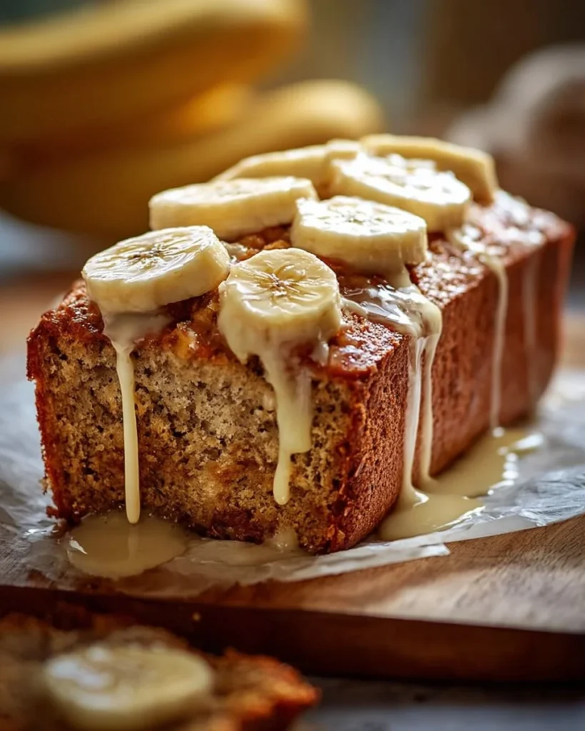 Delicious cream cheese banana bread sliced on a wooden cutting board