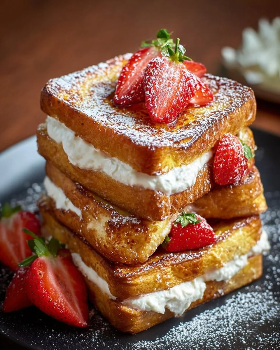 Cream cheese stuffed French toast topped with fruit and syrup